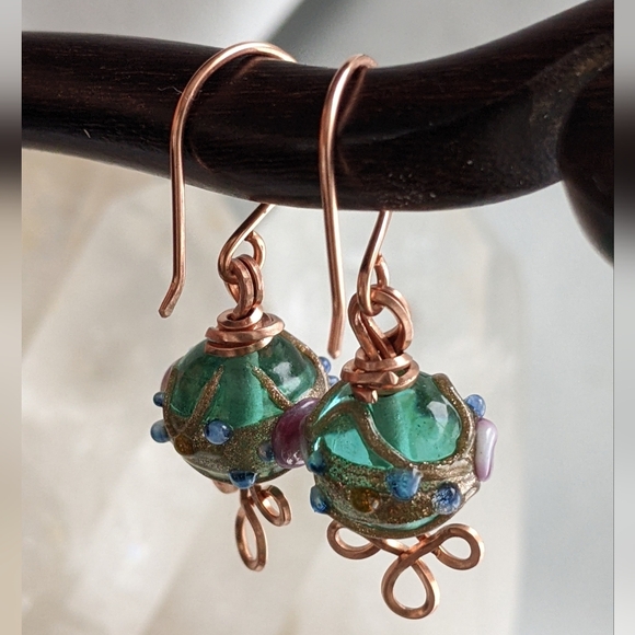 Venetian Emerald Glass Bead Earrings Copper Wire Wrap Colorful Handmade - Picture 10 of 16